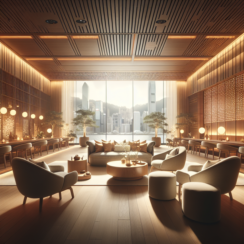 lounge in Hong Kong with relaxation areas & amenities under ambient lighting